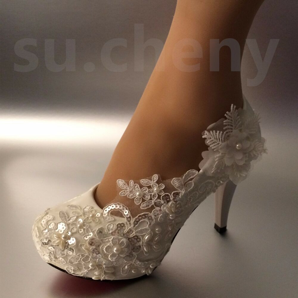 Wedding Shoes For Bride Ivory
 sueny 3" 4 " heel white ivory lace pearls Wedding shoes