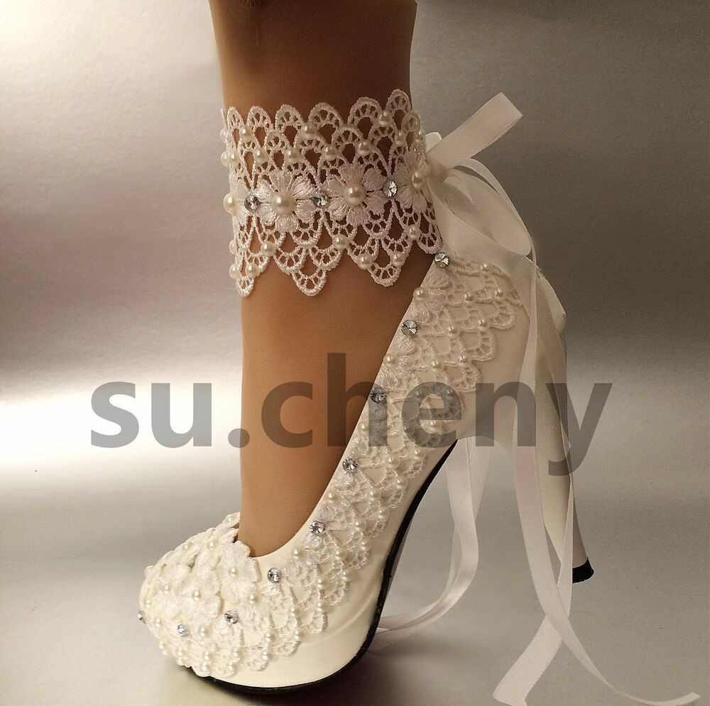 Wedding Shoes For Bride Ivory
 3" 4 " heel white ivory lace ribbon ankle pearls Wedding
