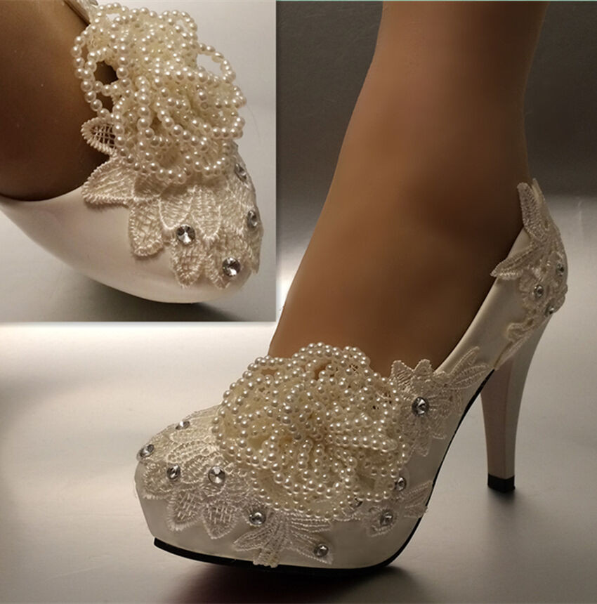 Wedding Shoes For Bride Ivory
 3 4" white ivory pearl lace crystal Wedding shoes Bridal