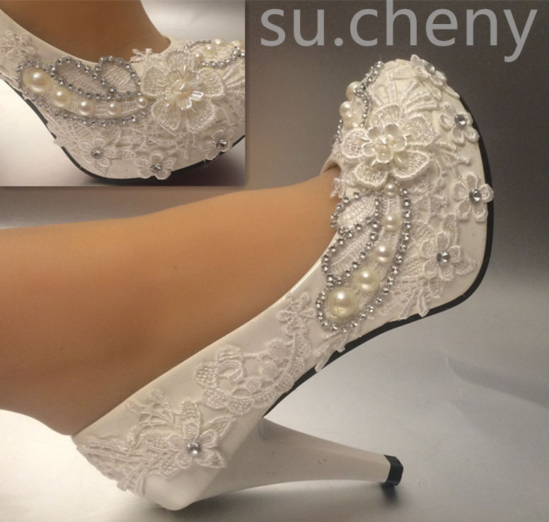 Wedding Shoes For Bride Ivory
 3" 4 " heel white ivory lace crystal pearls Wedding shoes