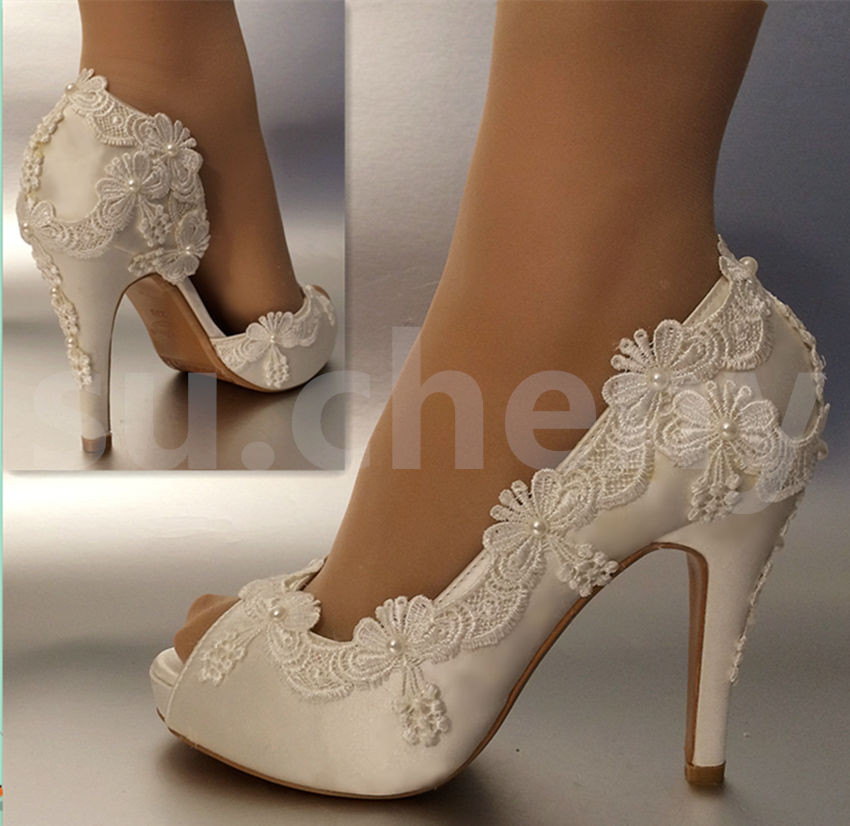 Wedding Shoes For Bride Ivory
 3" 4" heel satin white ivory lace pearls open toe Wedding
