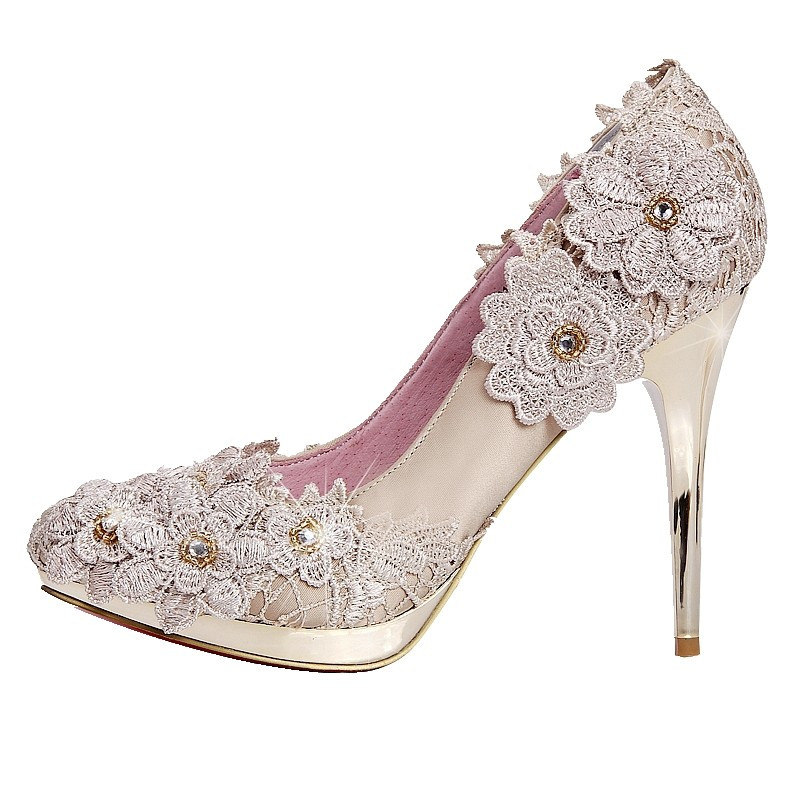Wedding Shoes With Rhinestones
 Grceful Lace Flower Champagne Crystal Heels Rhinestone