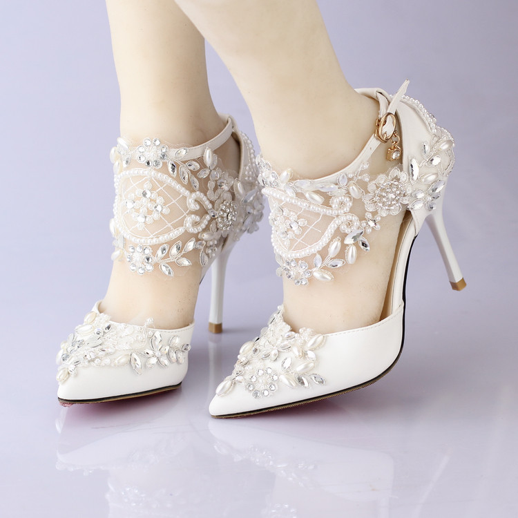 Wedding Shoes With Rhinestones
 Pointed toe lace pearl rhinestone ultra high heels wedding