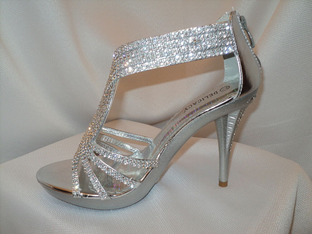 Wedding Shoes With Rhinestones
 Women s Silver Strappy Prom Wedding Dress Sandal Heel Shoe