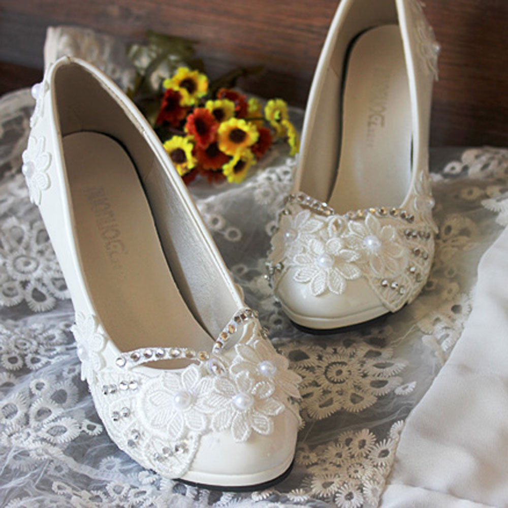 Wedding Shoes With Rhinestones
 Bridal Crystal wedding shoes rhinestone Mid heel Lace flat