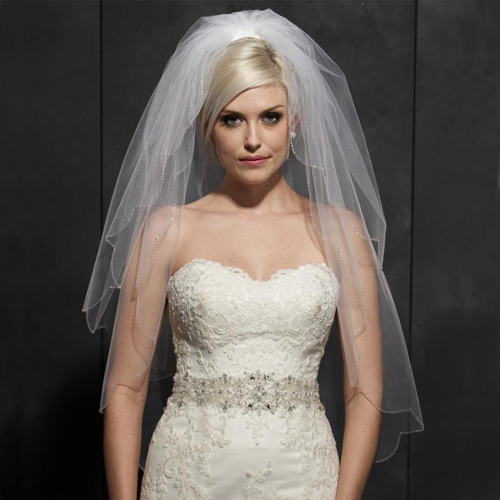 Wedding Veil Short
 2015 Short Bridal Veils Two Layers Ruffled Beading Edge