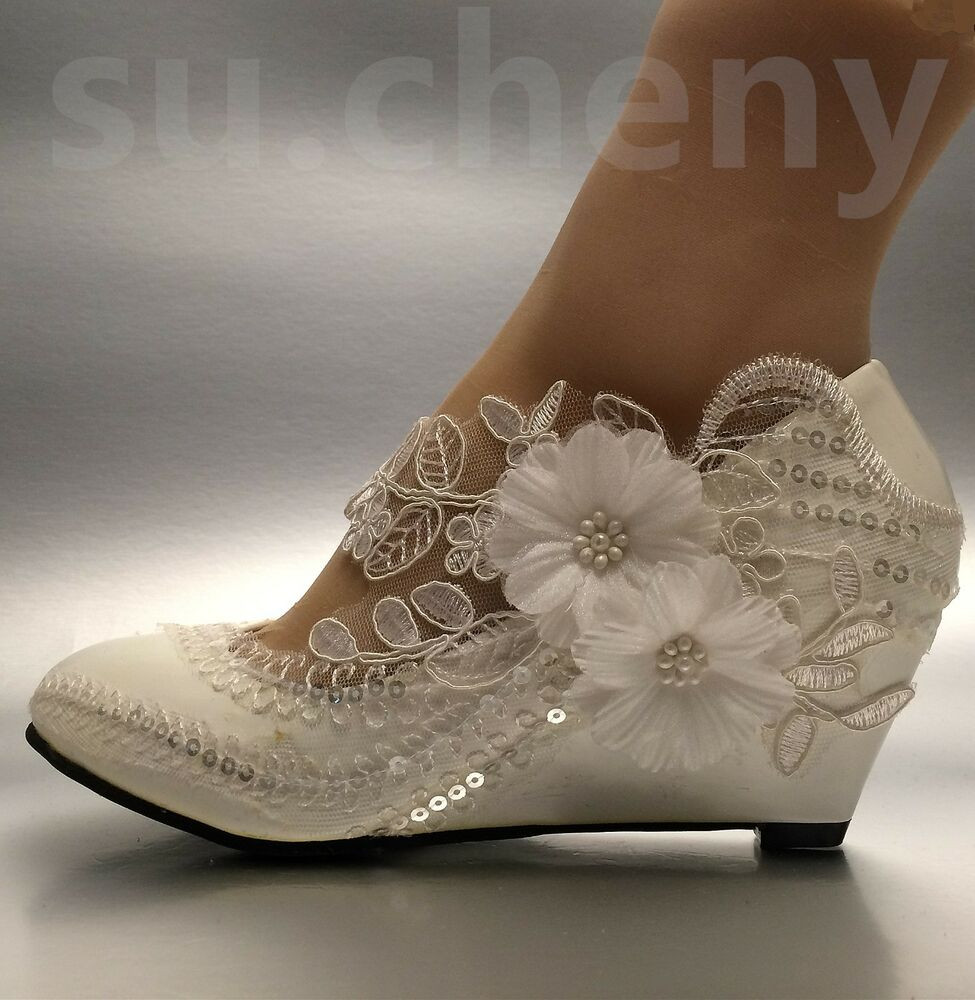 Wedding Wedge Shoe
 Lace white ivory crystal sequin daisy Wedding shoes Bride