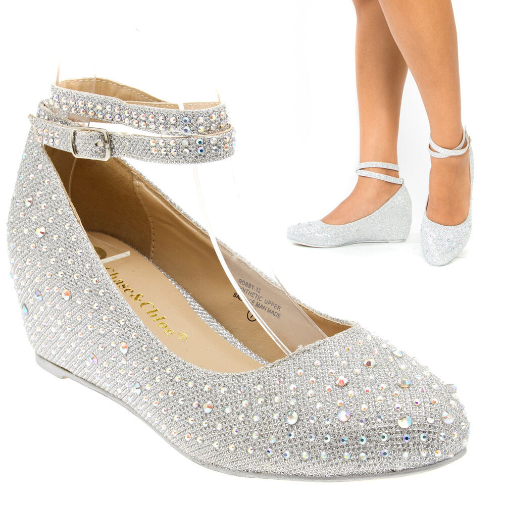 Wedding Wedge Shoe
 Silver Crystal Ankle Strap Mary Jane Low Wedge Heel Pump