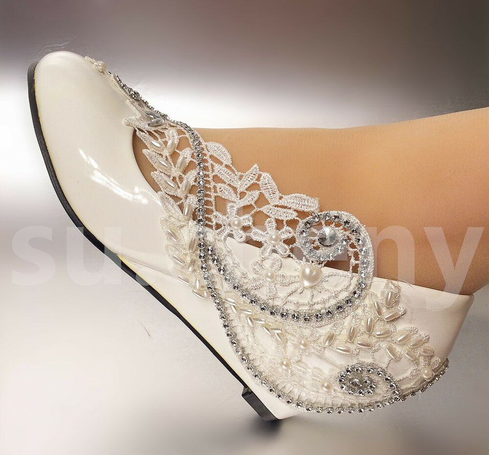 Wedding Wedge Shoe
 2” 3“ White ivory wedges pearls lace crystal Wedding shoes
