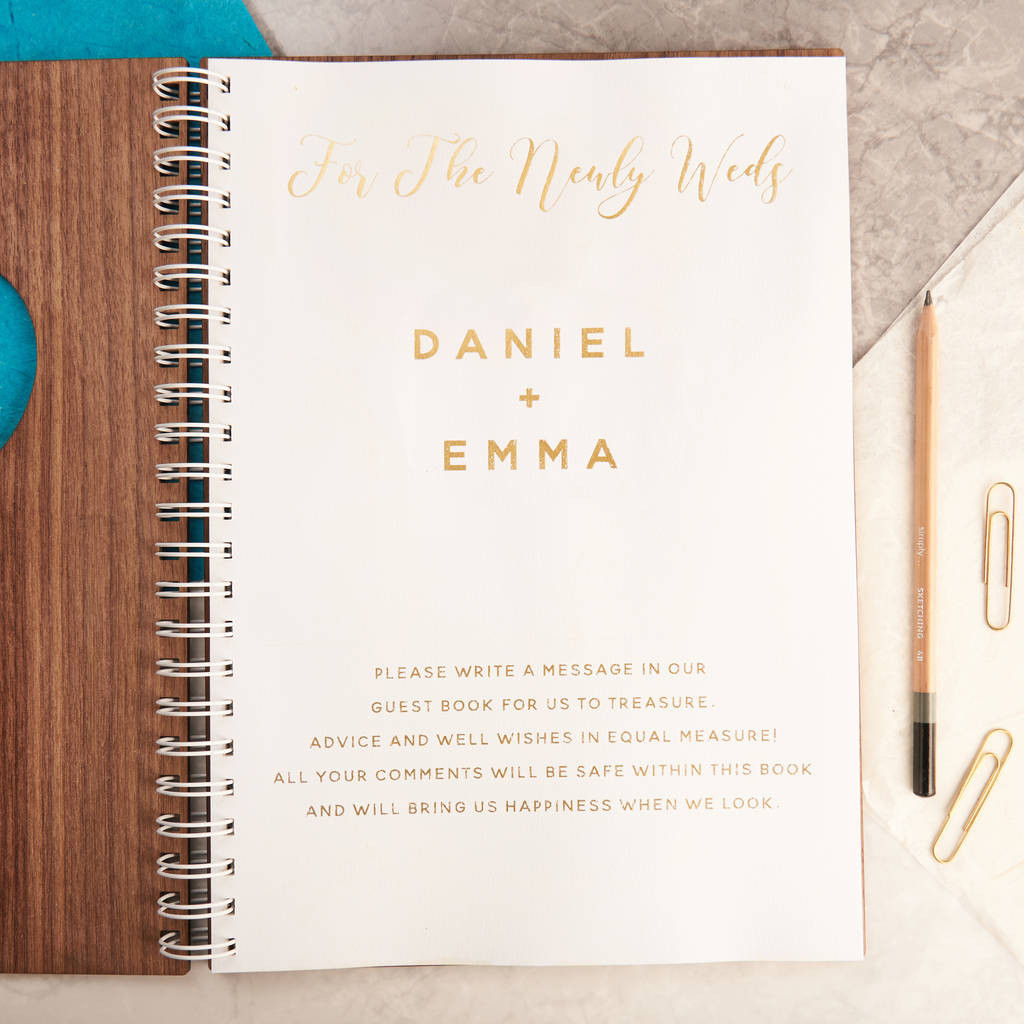 What To Write In A Wedding Guest Book
 personalised gold walnut heart wedding guest book by