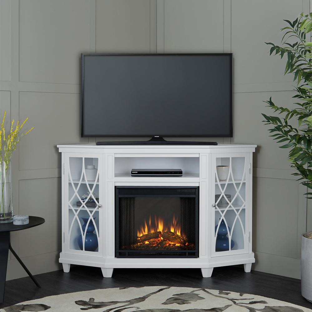 White Corner Electric Fireplace
 Real Flame Lynette 56 in Corner Electric Fireplace in