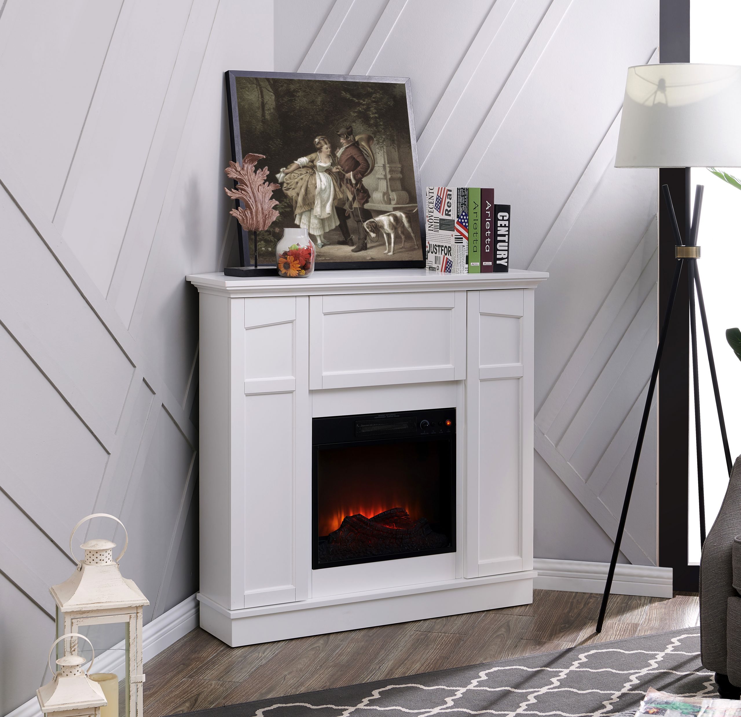 White Corner Electric Fireplace
 Bold Flame 40 inch Wall Corner Electric Fireplace in White
