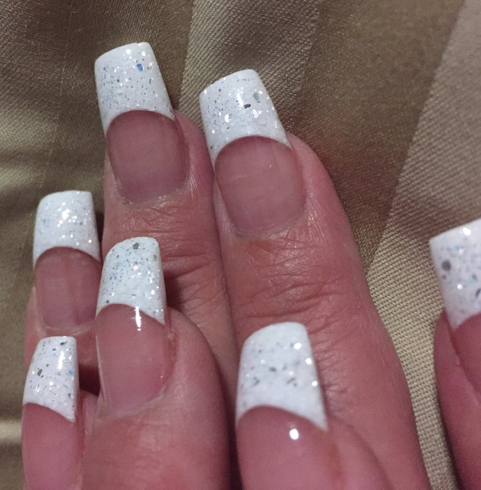 White Glitter Acrylic Nails
 Natural nails with pink and white glitter acrylic powder