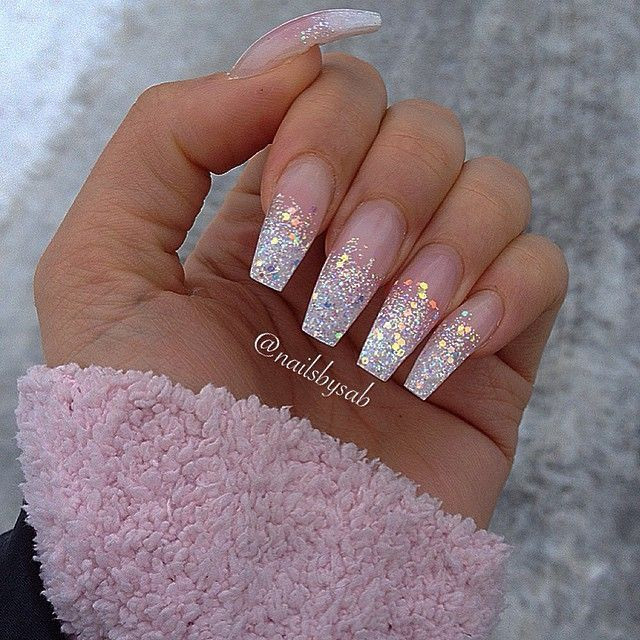 White Glitter Acrylic Nails
 Just wish the length was little shorter and more wide at