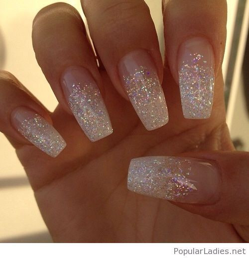 White Glitter Acrylic Nails
 Long white glitter nails in 2019