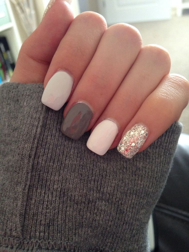 White Nails With Glitter
 Grey white and silver glitter acrylic nails Nail Design