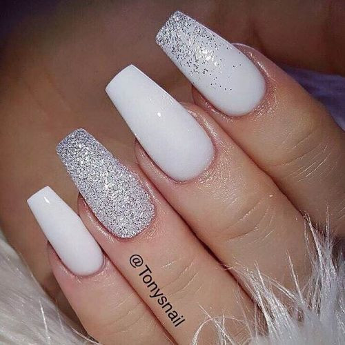 White Nails With Glitter
 33 Fancy White Coffin Nails Designs