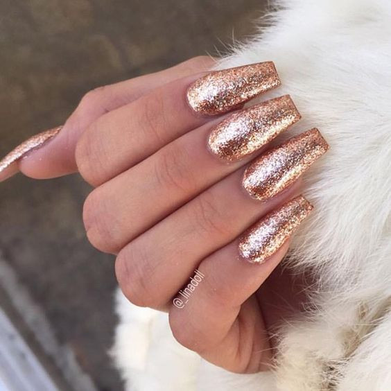 White Nails With Gold Glitter
 Coffin Nails Inspiration