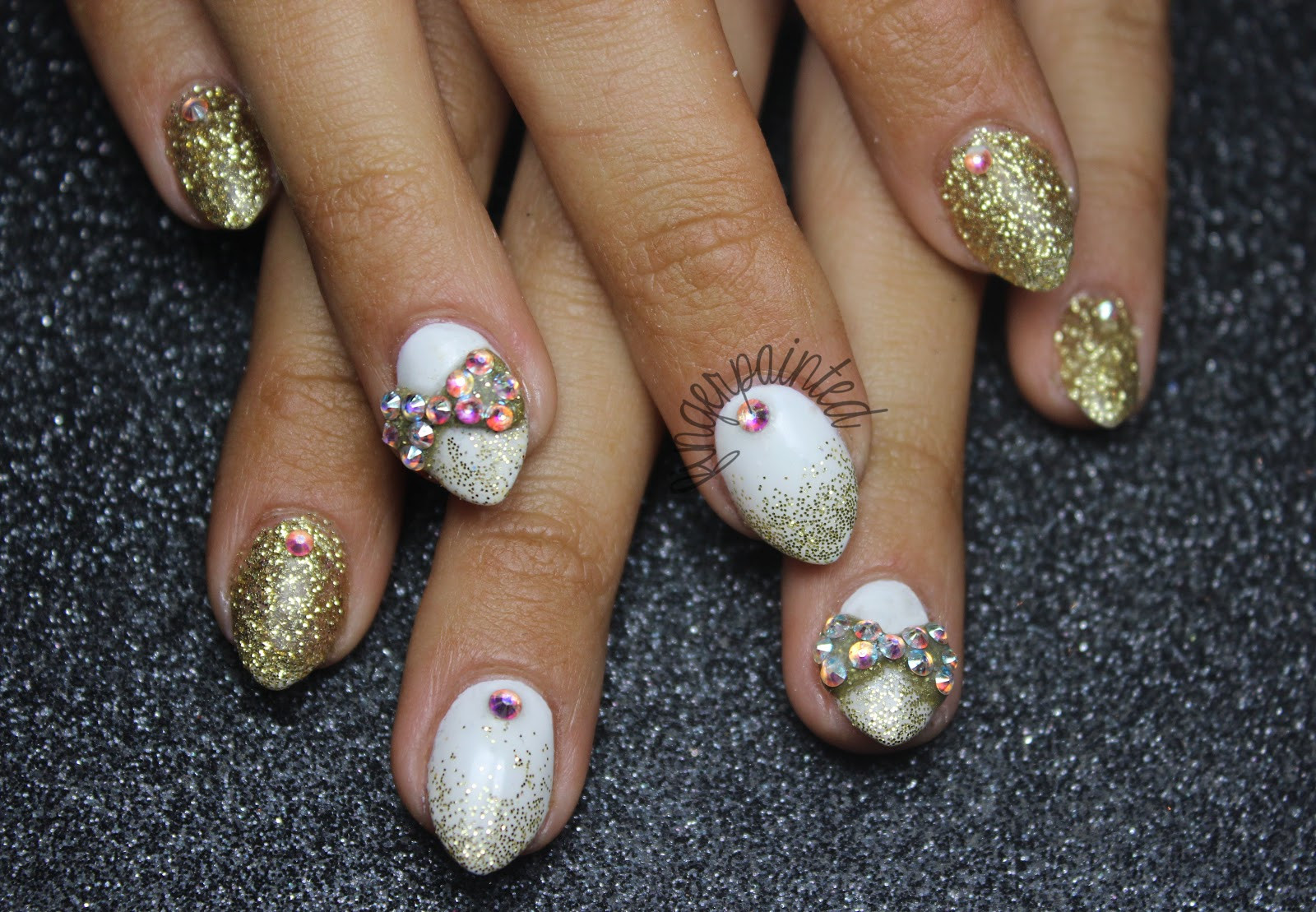 White Nails With Gold Glitter
 Acrylic Over Natural Nail