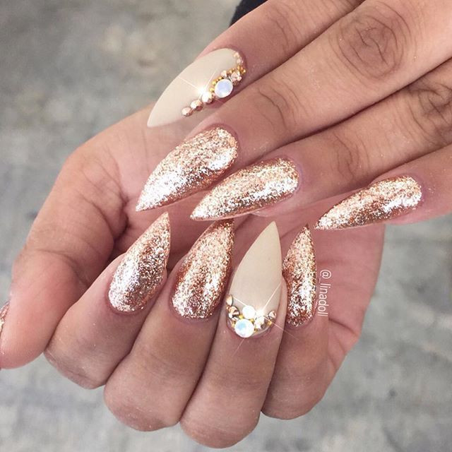 White Nails With Gold Glitter
 Gold glitter rhinestone stiletto nails nailart nails