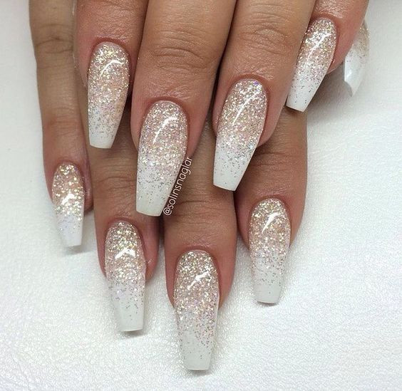 White Nails With Gold Glitter
 Top 60 Gorgeous Glitter Acrylic Nails