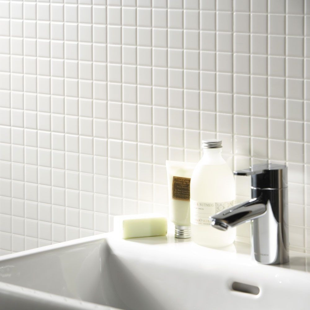 White Square Tile Bathroom
 Bijou Square Gloss White Small Mosaic Tiles