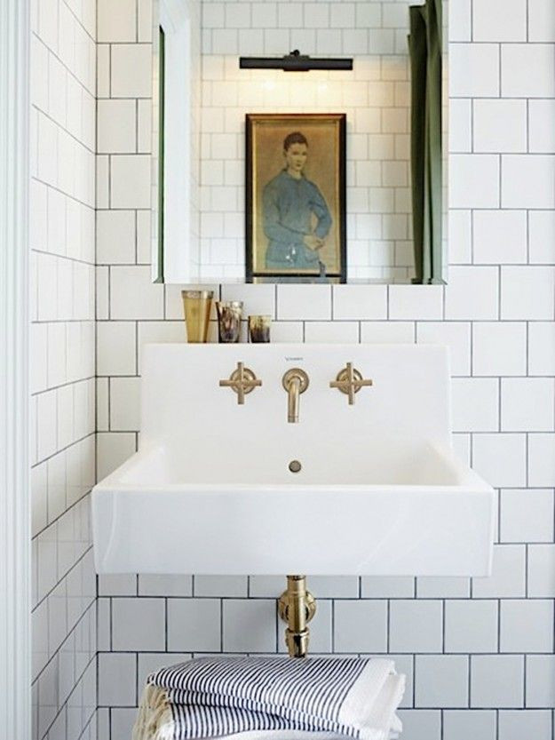 White Square Tile Bathroom
 offset square white tile brass faucet Bathroom