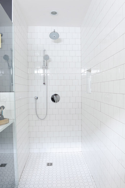 White Square Tile Bathroom
 Shower with Square Tiles Transitional Bathroom