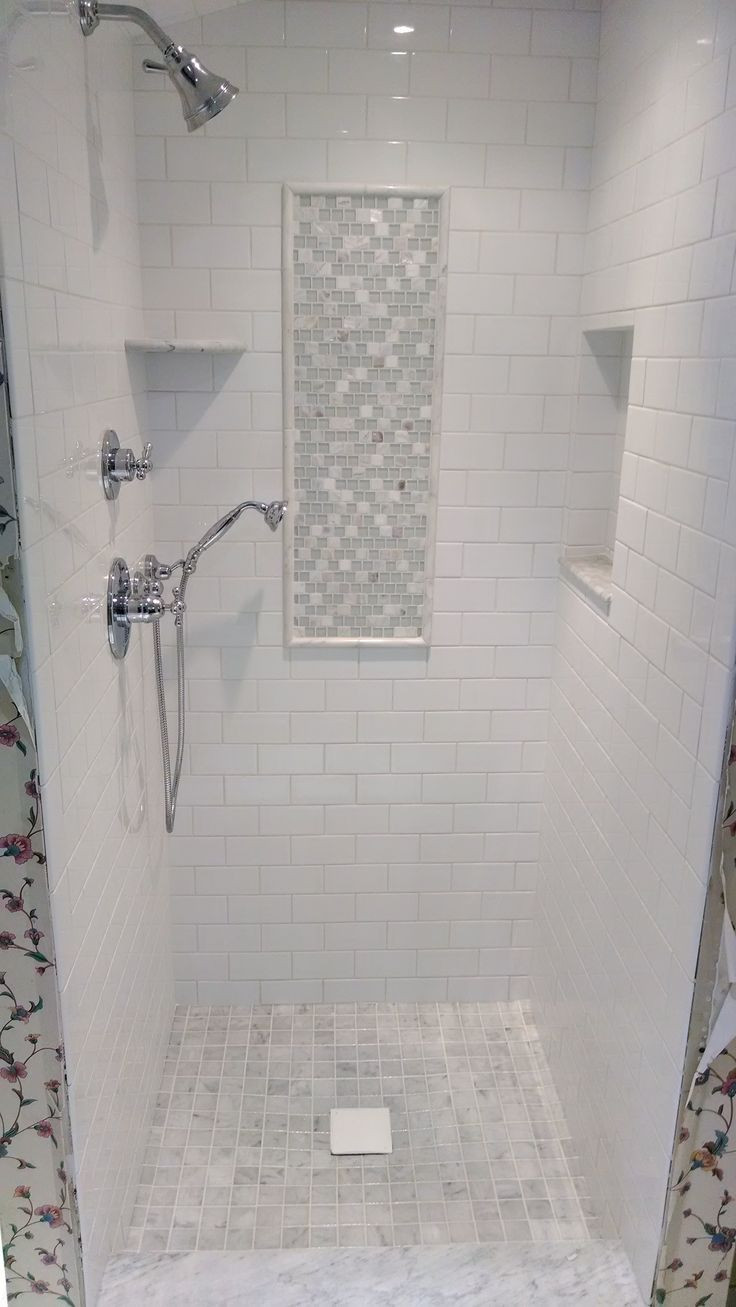 White Tile Bathroom Shower
 white subway & marble tile shower Google Search in 2019