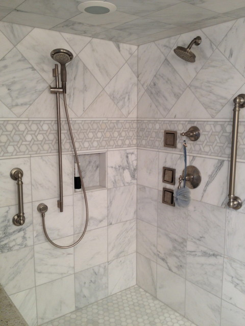 White Tile Bathroom Shower
 White bathroom with marble tile Traditional Bathroom