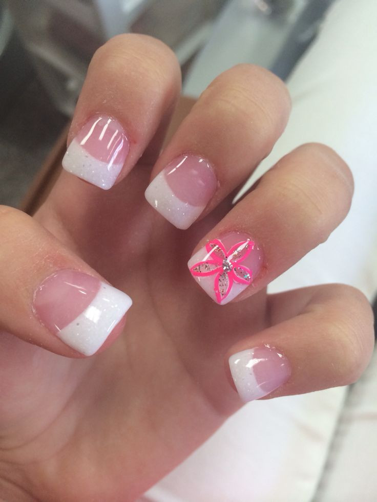 White Tip Nail Designs
 acrylic white tips with pink flower accent nail