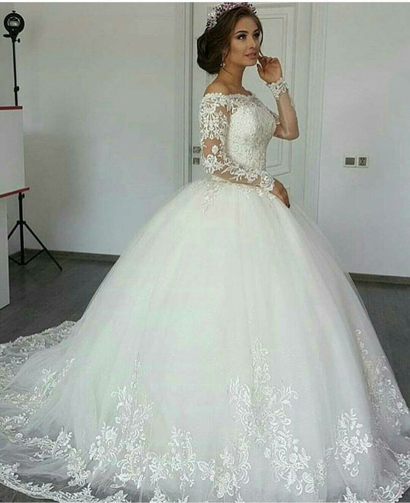 White Wedding Dress
 Princess Long Sleeves Wedding Dresses f The Shoulder