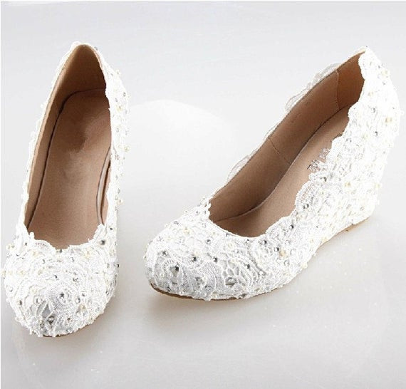 White Wedding Wedge Shoes
 2014 white Iory lace wedge handmade lace bridal by