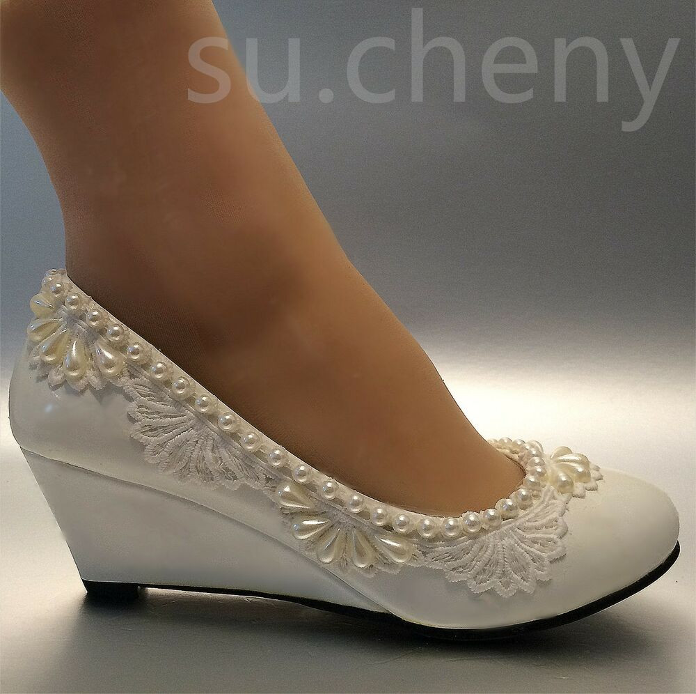 White Wedding Wedge Shoes
 2” heel wedges lace white light ivory pearl Wedding shoes