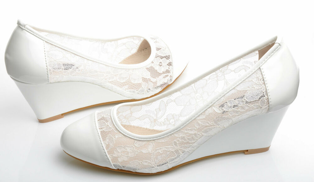 White Wedding Wedge Shoes
 New f White Floral Lace Mid Heel Wedge Shoes Wedding