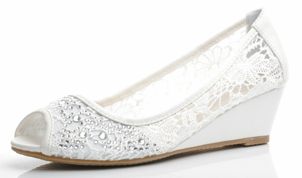 White Wedding Wedge Shoes
 f White Lace Diamante Peeptoe Wedding Bridal Low Wedge