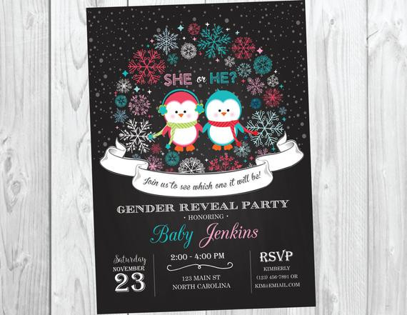 Winter Gender Reveal Party Ideas
 Winter Penguin Gender Reveal Party Invitation Winter