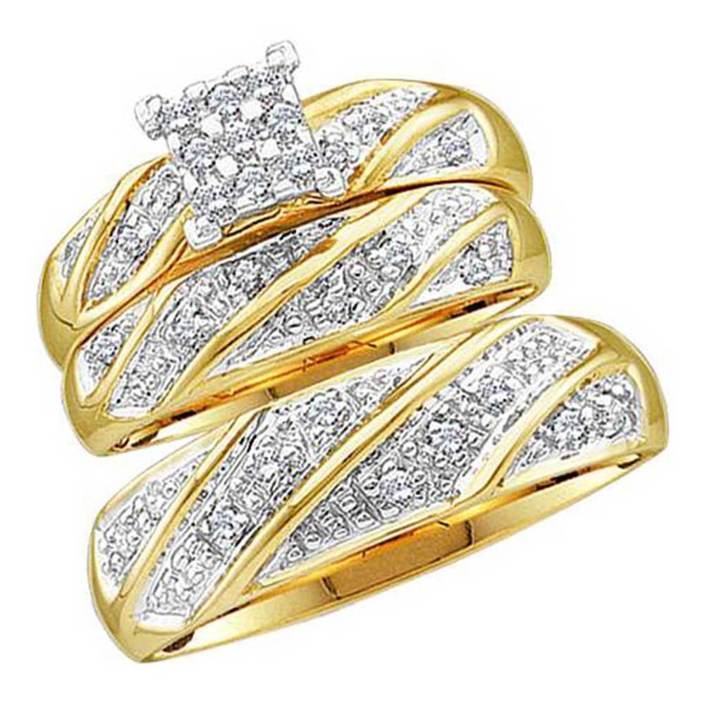 Yellow Diamond Wedding Ring
 Bride Groom 14k Yellow Gold Diamond Cluster Wedding Trio