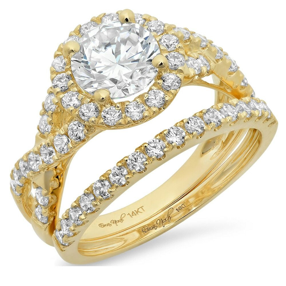 Yellow Gold Wedding Ring Sets
 2 2ct Round Cut Halo Bridal Engagement Wedding Ring Band