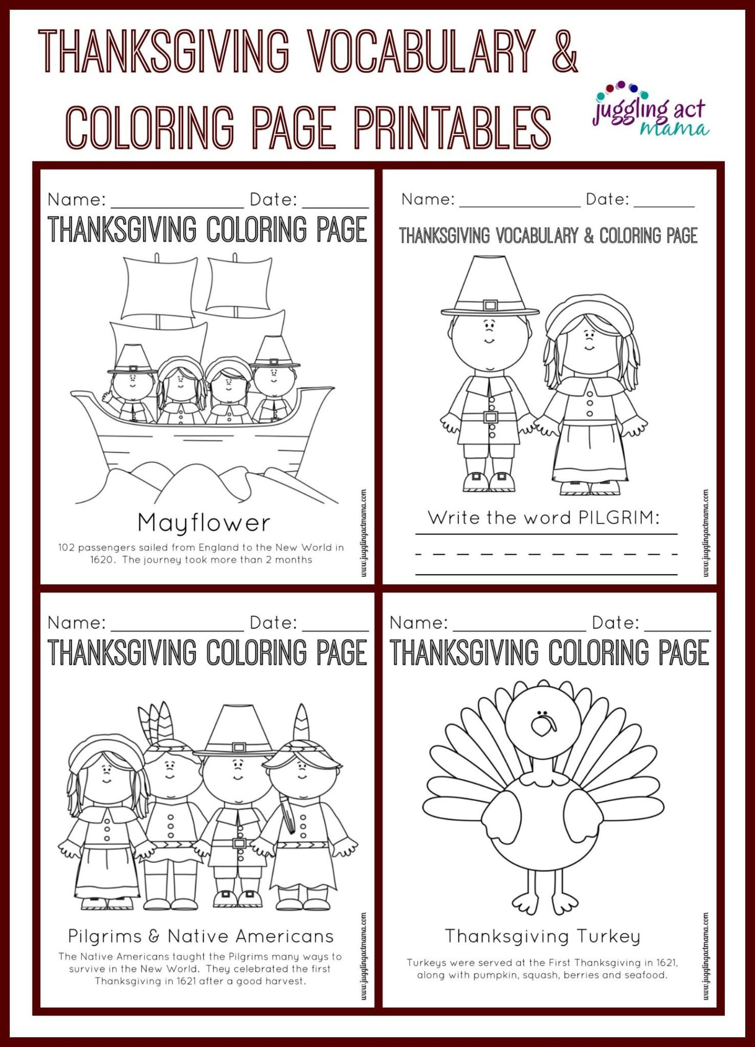 Activities For Thanksgiving
 Thanksgiving Vocabulary and Coloring Page Printables