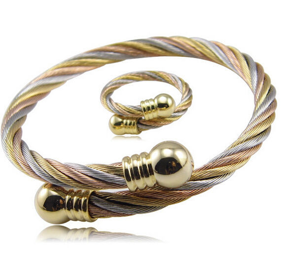 Bangle Bracelets Sets
 Three Clour Twisted Cable Wire Bangle Ring Set Stainless