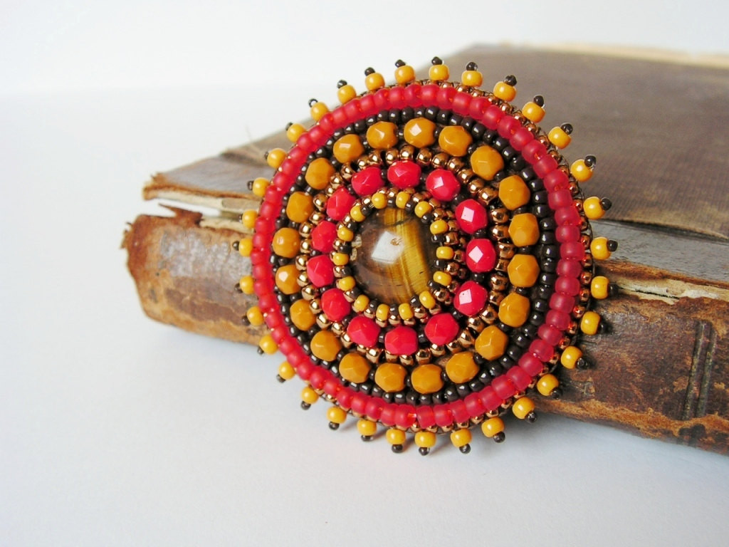 Beaded Brooches
 Red Yellow Brooch Bead embroidery Brooch Beaded brooch