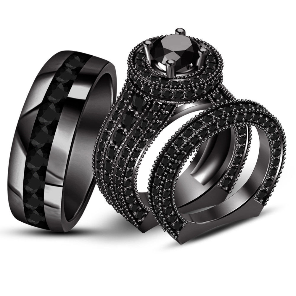 Black Gold Wedding Rings
 Diamond Trio Set Black Gold Fn Matching His & Her