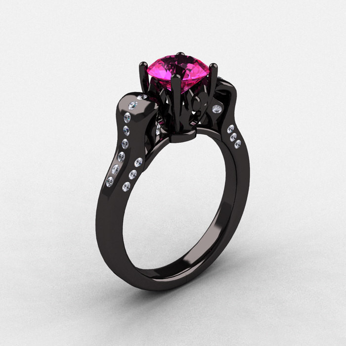 Black Gold Wedding Rings
 14K Black Gold Pink Sapphire Diamond Wedding Ring by