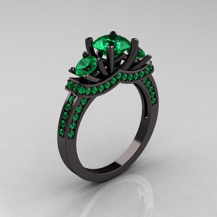 Black Gold Wedding Rings
 French 14K Black Gold Three Stone Emerald Wedding Ring