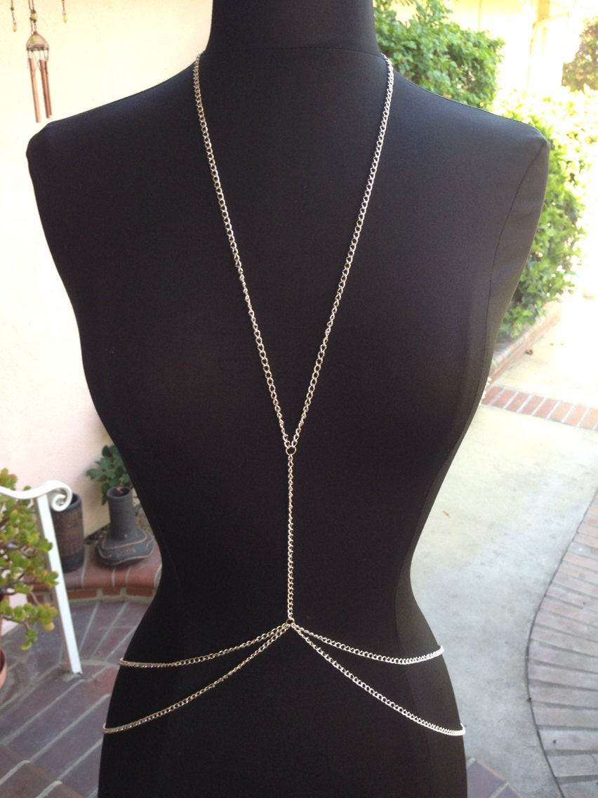 Body Chain Necklace
 Silver double chain body harness jewelry necklace bodychain