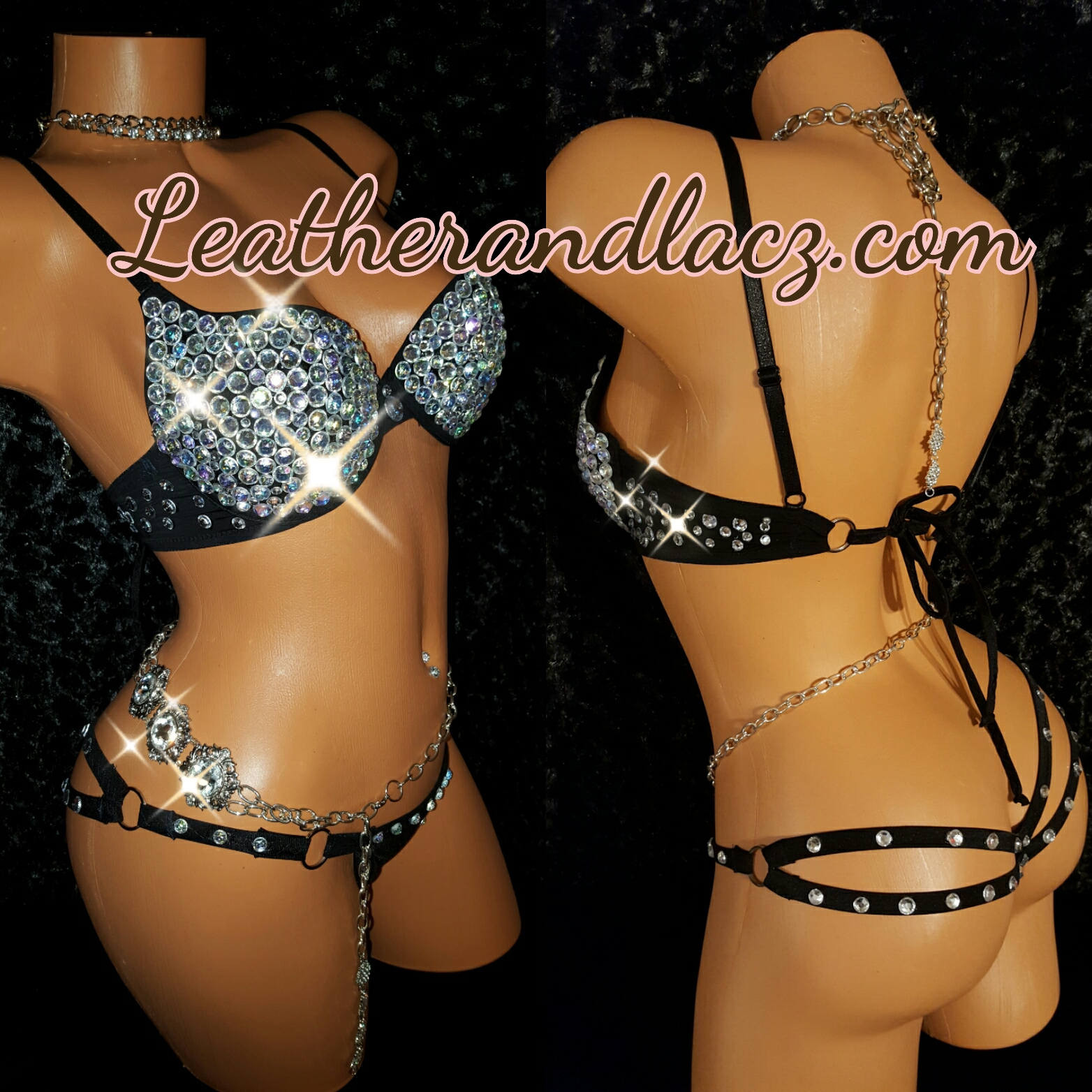 Body Jewelry Rave
 Bedazzled Bra Set Double Strap thong Exotic Wear Body