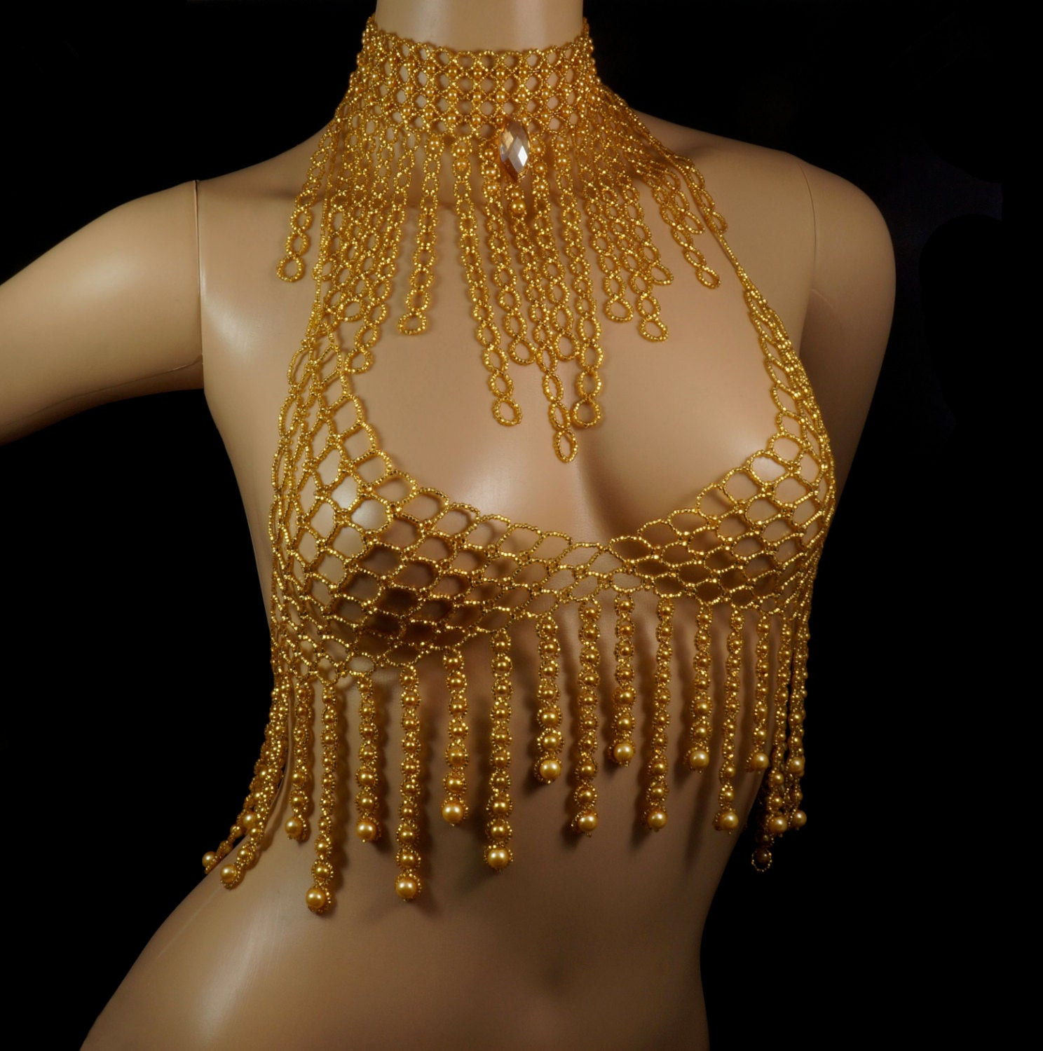 Body Jewelry Rave
 Gold pearl fringe beaded body jewelry matching choker and