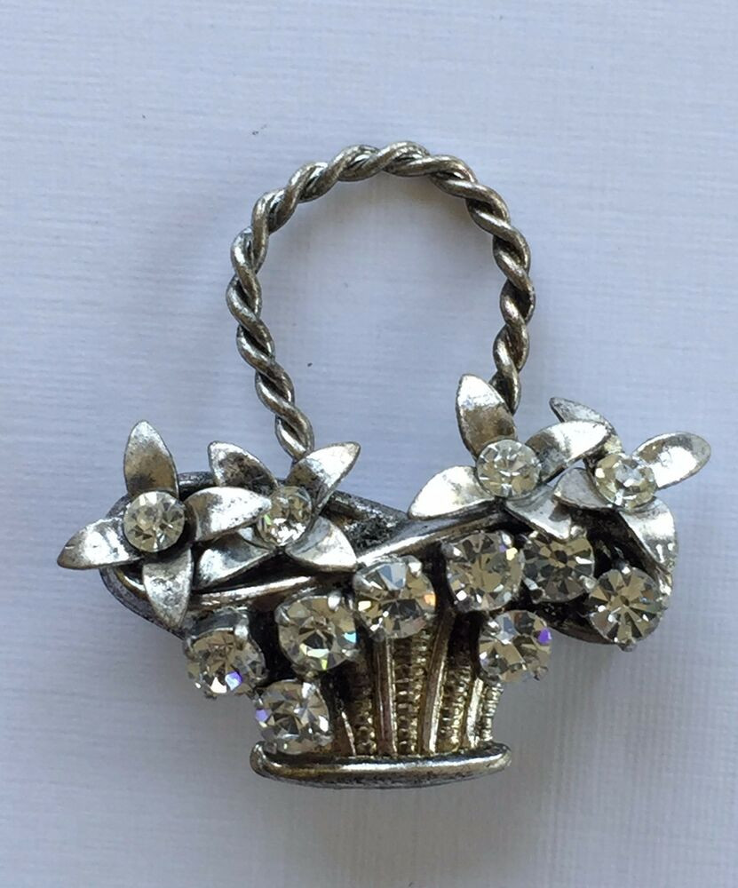 Brooch Pins
 Vintage Brooch 1940 s Diamante Flower Metal Basket
