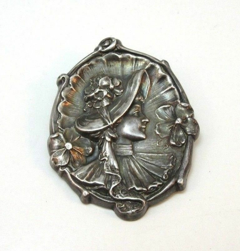 Brooches Art
 RARE STERLING SILVER ART NOUVEAU PIN REPOUSSE VICTORIAN